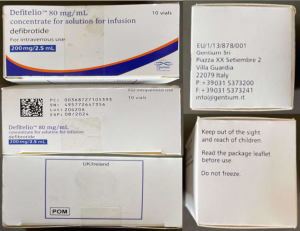 Pictures of Falsified Defitelio 80mg/mL Injection identified in Türkiye